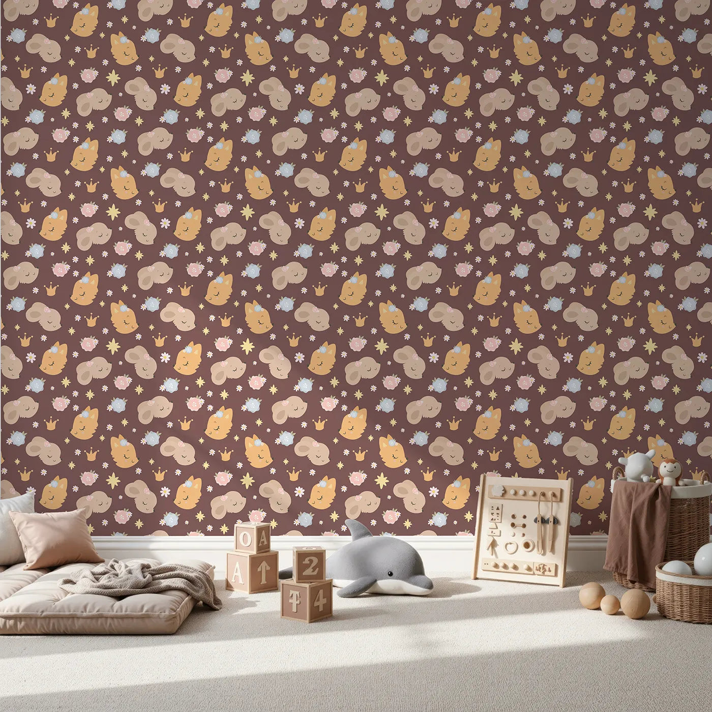 Front view of Whimsy Tots' Royal Woodland Friends Wallpaper in Cocoa Crown Brown