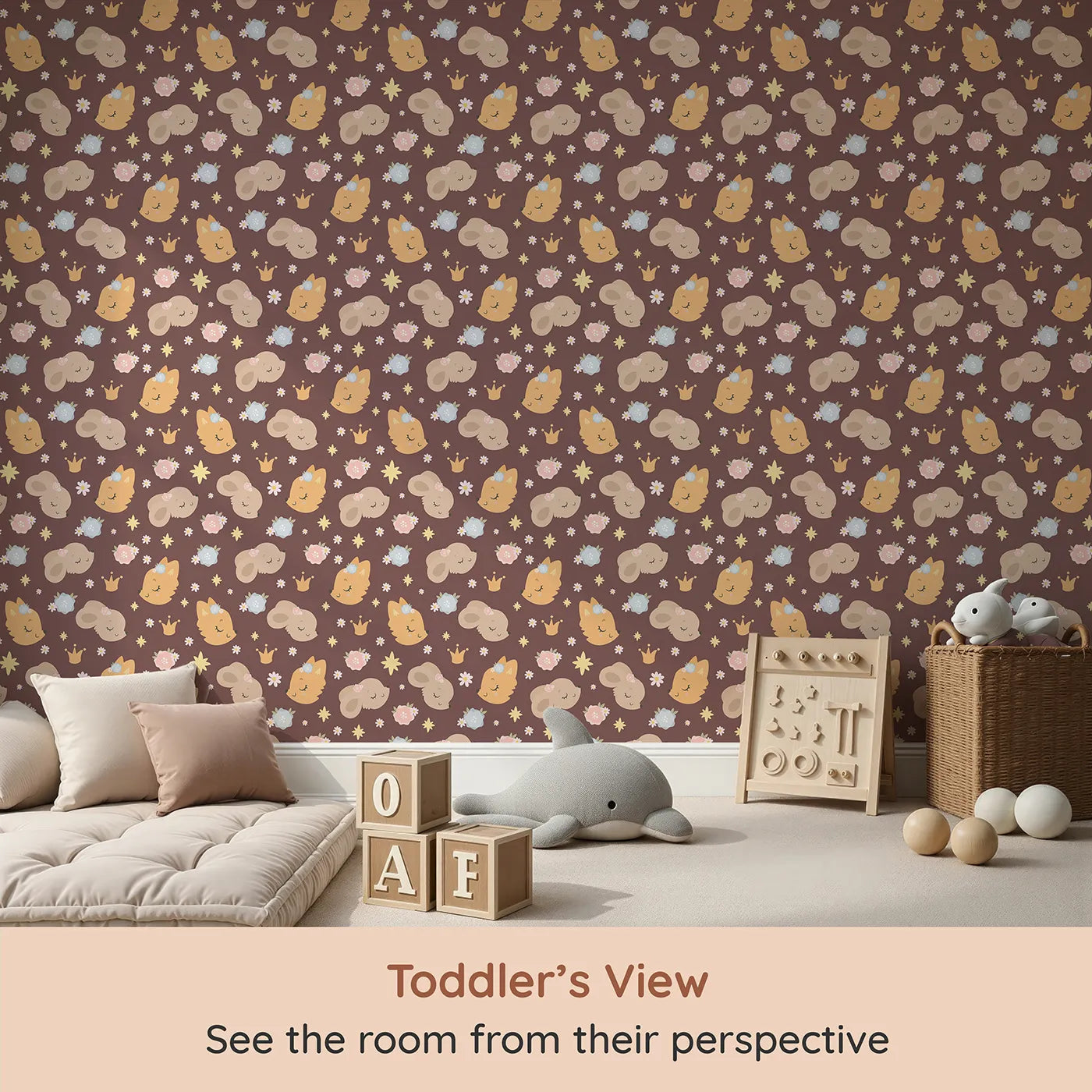 Whimsy Tots Royal Woodland Friends Wallpaper in Cocoa Crown Brown (W3129B) from your child's view.Sleepy foxes and bunnies nap beneath stars and crowns on soft cocoa brown.
