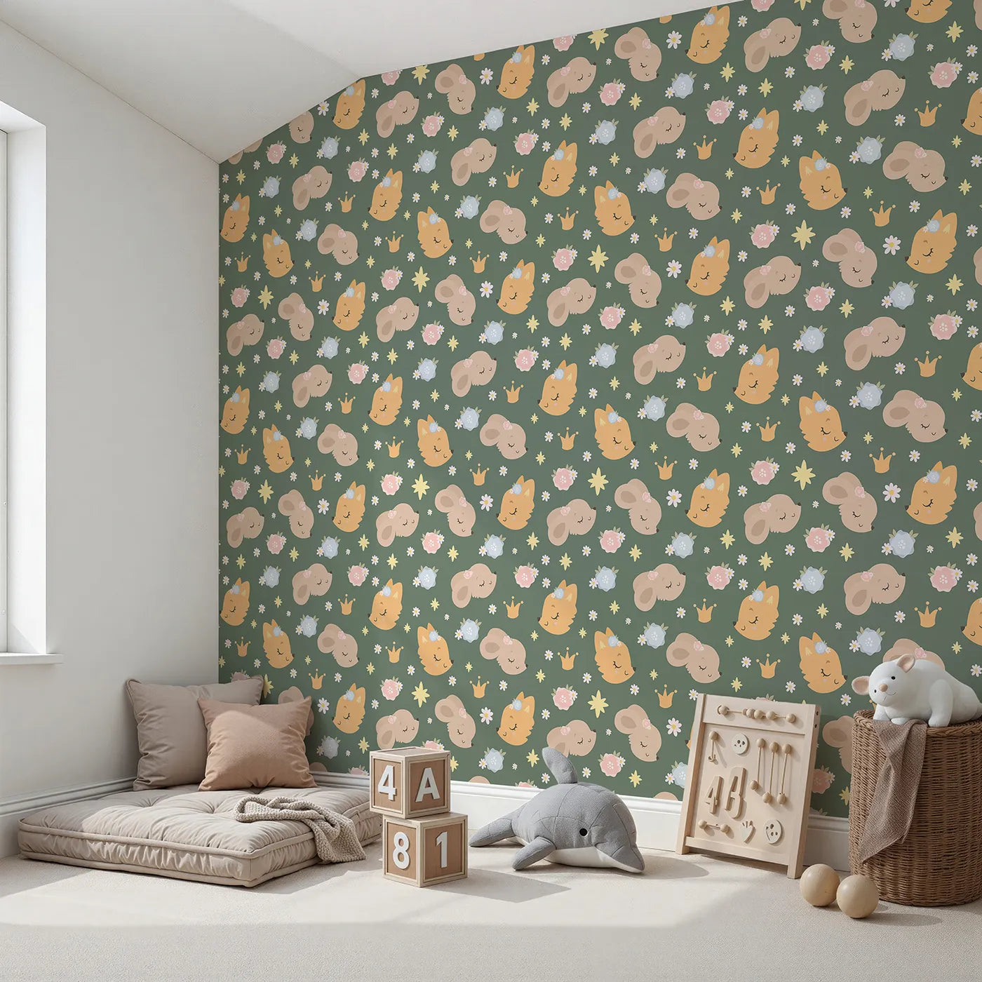 Angled view of Whimsy Tots' Royal Woodland Friends Wallpaper in Forest Crown Green (W3129C).Blossom-crowned animals drift sweetly beneath golden stars and soft greenery.