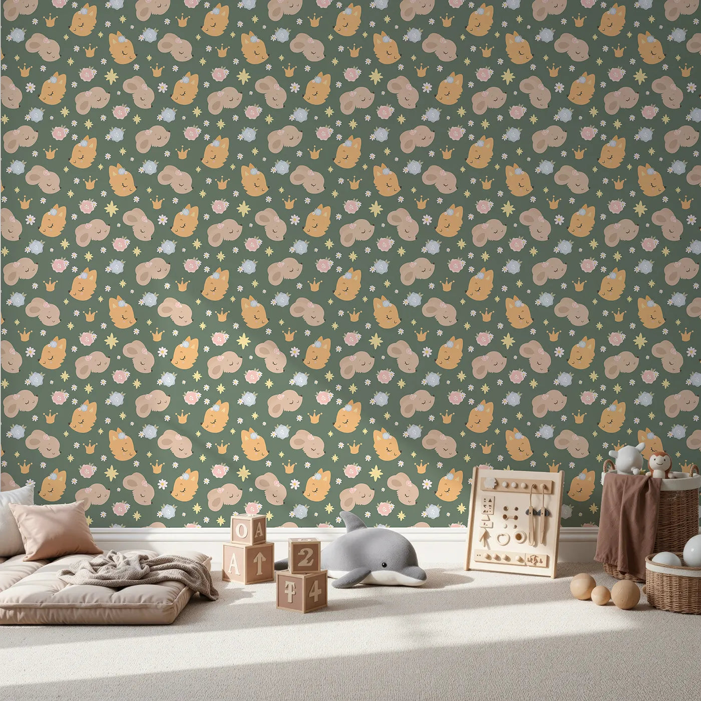 Front view of Whimsy Tots' Royal Woodland Friends Wallpaper in Forest Crown Green