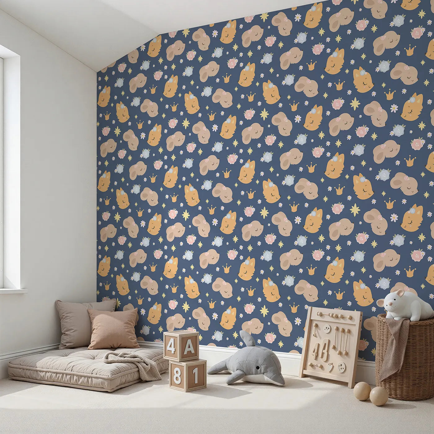 Angled view of Whimsy Tots' Royal Woodland Friends Wallpaper in Twilight Crown (W3129D).Crowned animals drift beneath starlight on a dusky blue night.