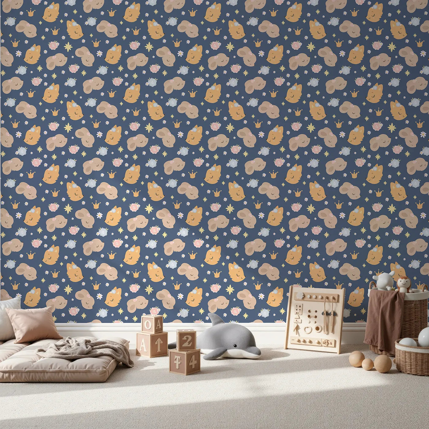 Front view of Whimsy Tots' Royal Woodland Friends Wallpaper in Twilight Crown