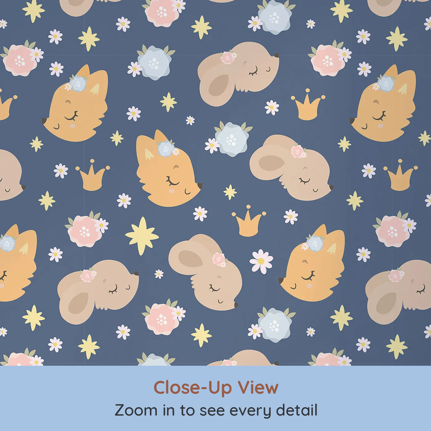 Close-up view of Whimsy Tots' Royal Woodland Friends Wallpaper in Twilight Crown (W3129D).Crowned animals drift beneath starlight on a dusky blue night.
