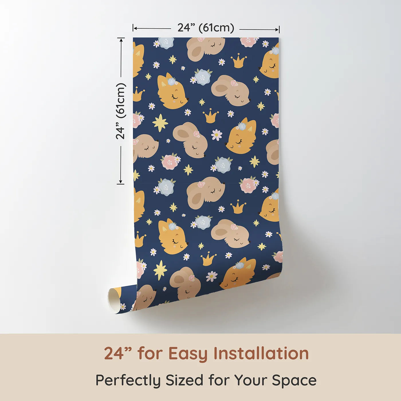 Dimension view of Whimsy Tots Royal Woodland Friends Wallpaper in Twilight Crown (W3129D). Printed in 24-inch-wide panel for easy installation. Crowned animals drift beneath starlight on a dusky blue night.