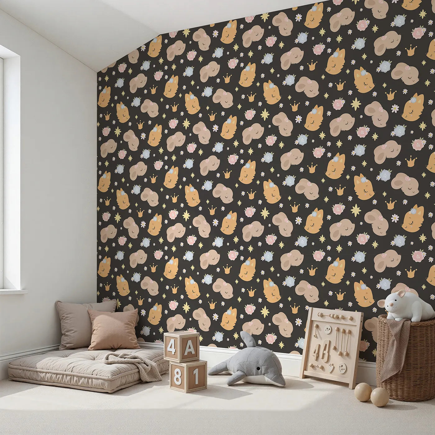 Angled view of Whimsy Tots' Royal Woodland Friends Wallpaper in Midnight Crown (W3129E).Golden-crowned animals glow softly on a deep midnight backdrop.