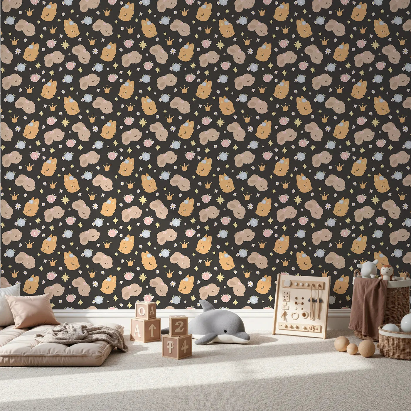 Front view of Whimsy Tots' Royal Woodland Friends Wallpaper in Midnight Crown