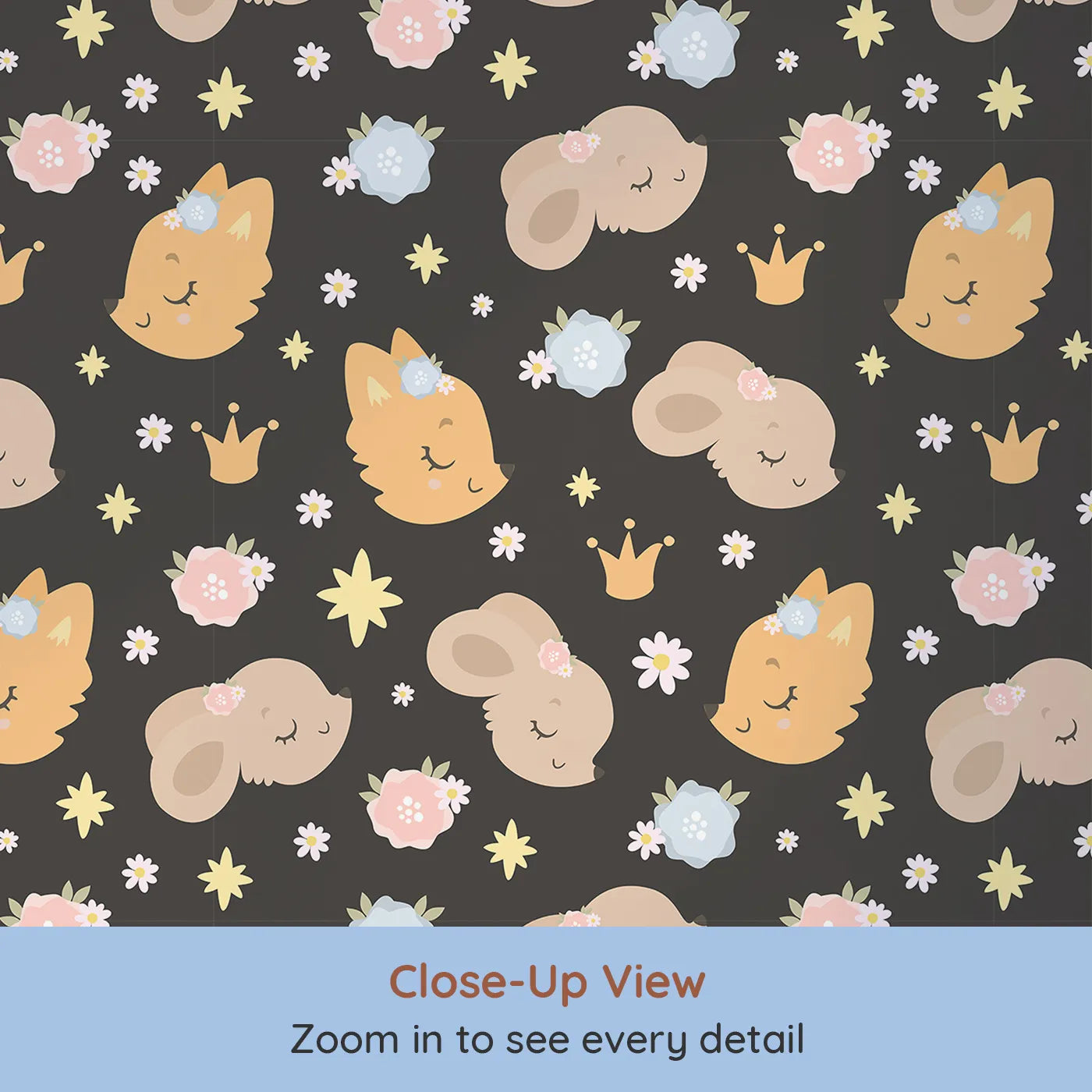 Close-up view of Whimsy Tots' Royal Woodland Friends Wallpaper in Midnight Crown (W3129E).Golden-crowned animals glow softly on a deep midnight backdrop.