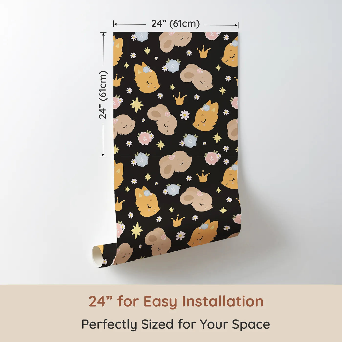 Dimension view of Whimsy Tots Royal Woodland Friends Wallpaper in Midnight Crown (W3129E). Printed in 24-inch-wide panel for easy installation. Golden-crowned animals glow softly on a deep midnight backdrop.