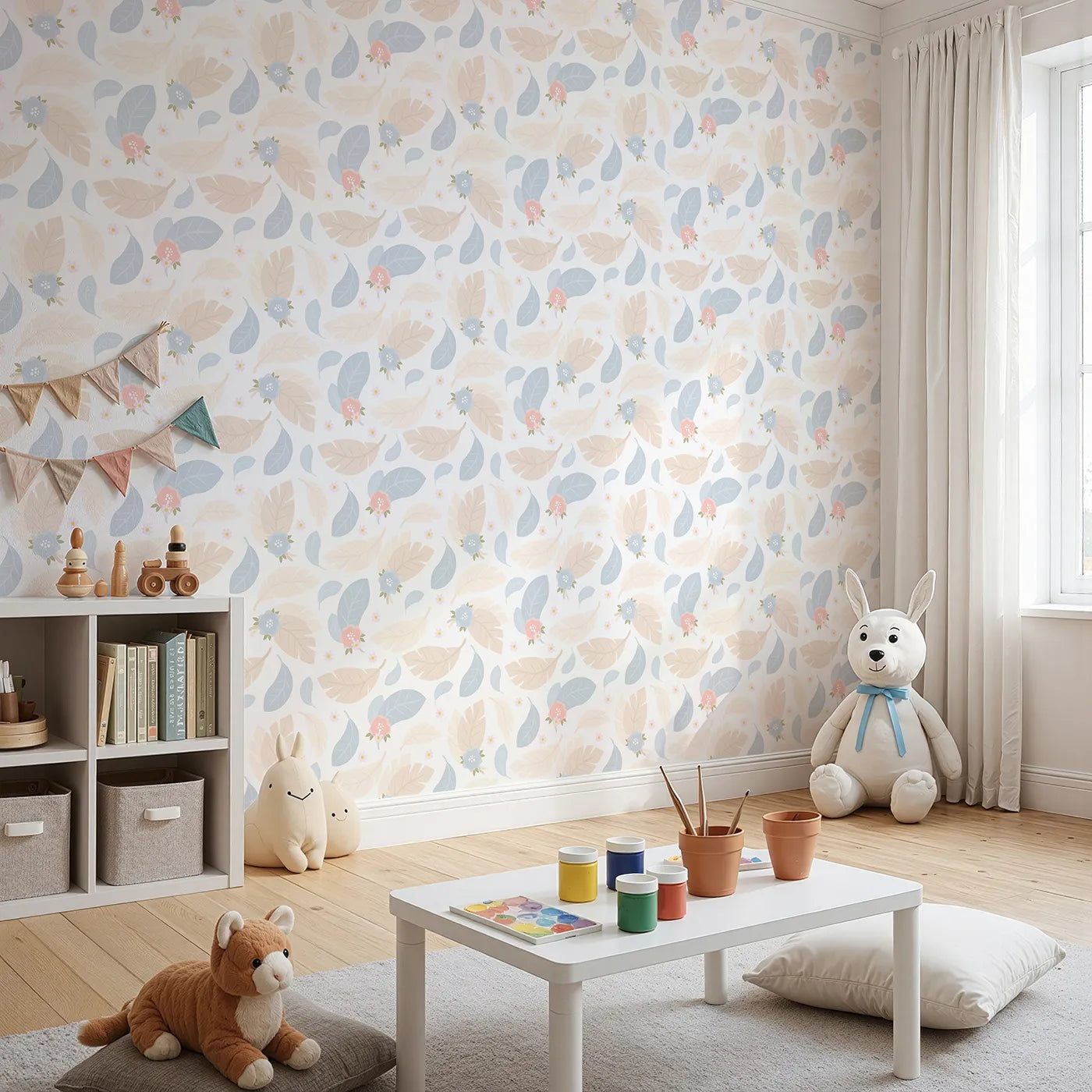 Angled view of Whimsy Tots' Whispering Petal Leaves Wallpaper in Cloud Cream (W3131A).Soft florals and pale leaves float like a quiet morning hush.