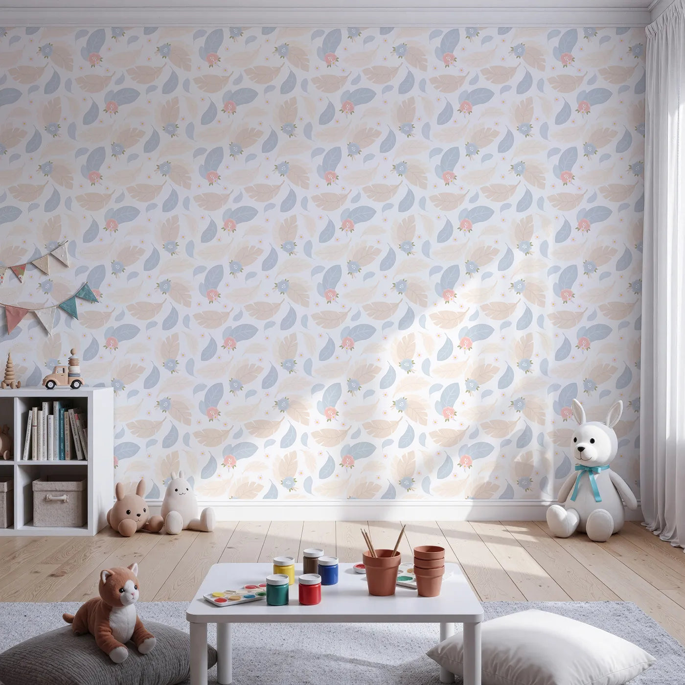 Front view of Whimsy Tots' Whispering Petal Leaves Wallpaper in Cloud Cream