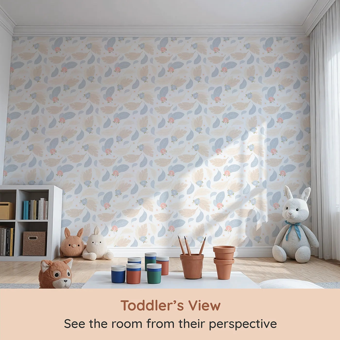 Whimsy Tots Whispering Petal Leaves Wallpaper in Cloud Cream (W3131A) from your child's view.Soft florals and pale leaves float like a quiet morning hush.