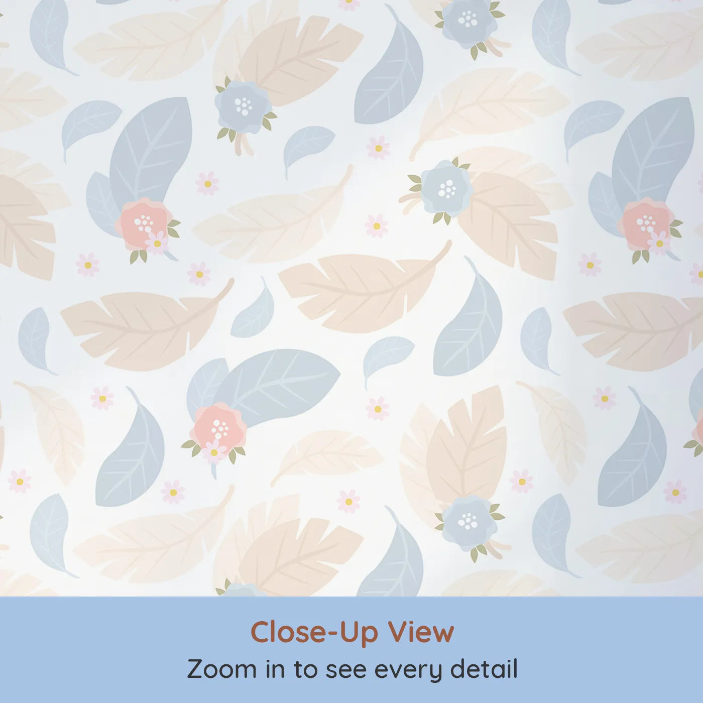 Close-up view of Whimsy Tots' Whispering Petal Leaves Wallpaper in Cloud Cream (W3131A).Soft florals and pale leaves float like a quiet morning hush.