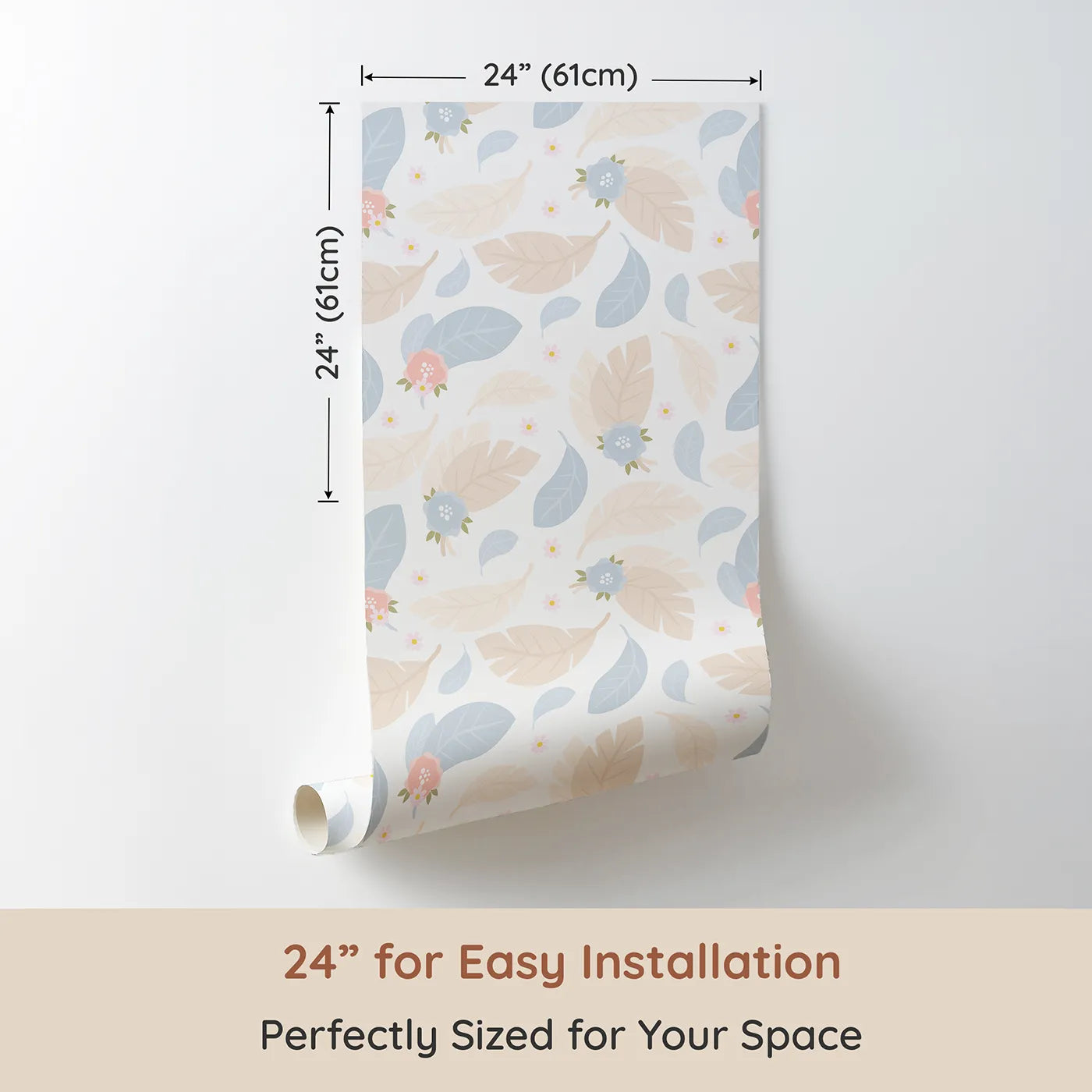 Dimension view of Whimsy Tots Whispering Petal Leaves Wallpaper in Cloud Cream (W3131A). Printed in 24-inch-wide panel for easy installation. Soft florals and pale leaves float like a quiet morning hush.