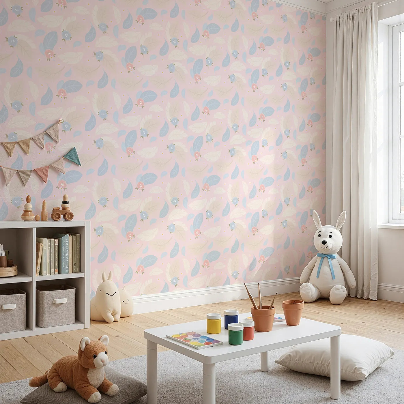 Angled view of Whimsy Tots' Whispering Petal Leaves Wallpaper in Blush Sky Pink (W3131B).Gentle leaves and airy florals dance across a warm pink sky.