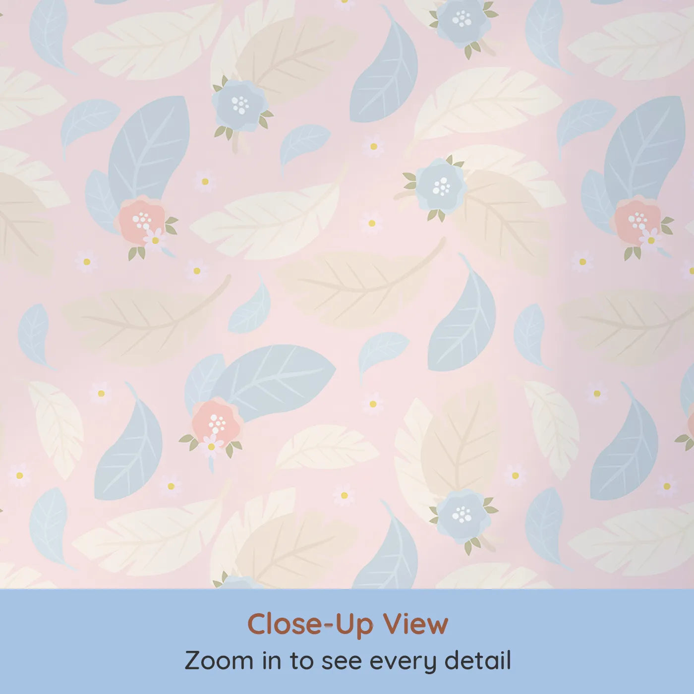 Close-up view of Whimsy Tots' Whispering Petal Leaves Wallpaper in Blush Sky Pink (W3131B).Gentle leaves and airy florals dance across a warm pink sky.