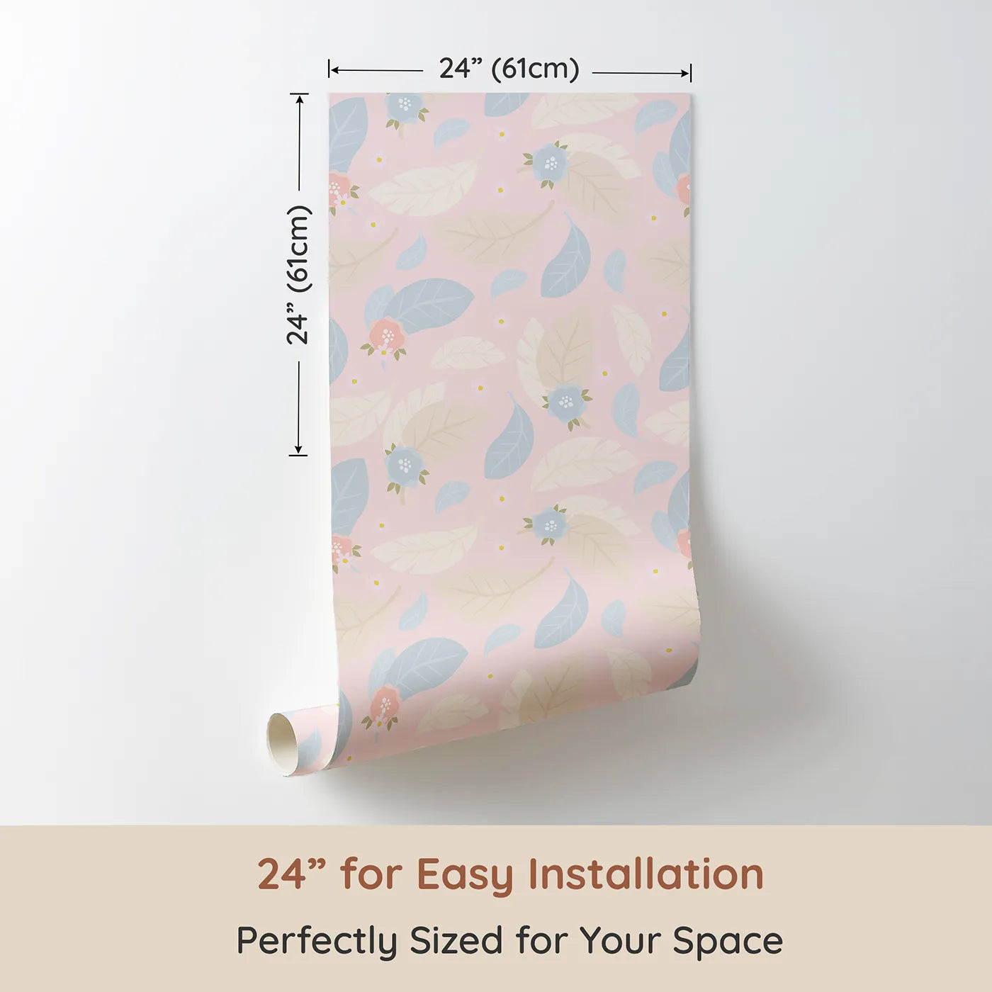 Dimension view of Whimsy Tots Whispering Petal Leaves Wallpaper in Blush Sky Pink (W3131B). Printed in 24-inch-wide panel for easy installation. Gentle leaves and airy florals dance across a warm pink sky.