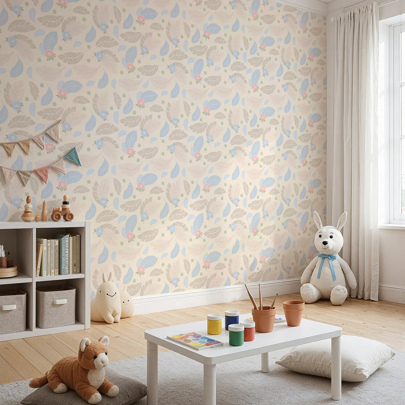 Angled view of Whimsy Tots' Whispering Petal Leaves Wallpaper in Buttercream (W3131C).Soft pastel leaves and florals drift across a warm buttercream sky.