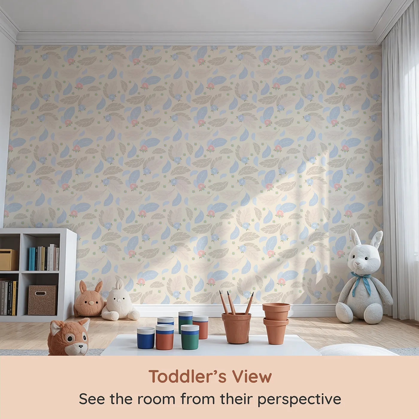 Whimsy Tots Whispering Petal Leaves Wallpaper in Buttercream (W3131C) from your child's view.Soft pastel leaves and florals drift across a warm buttercream sky.