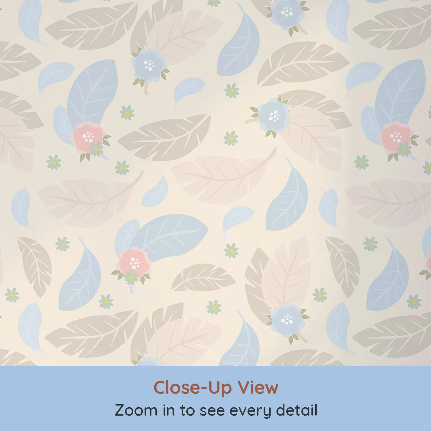 Close-up view of Whimsy Tots' Whispering Petal Leaves Wallpaper in Buttercream (W3131C).Soft pastel leaves and florals drift across a warm buttercream sky.