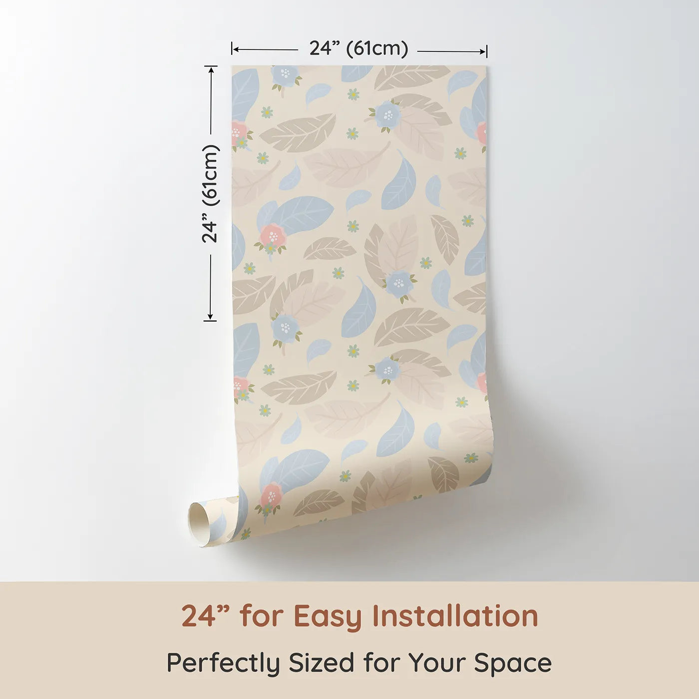 Dimension view of Whimsy Tots Whispering Petal Leaves Wallpaper in Buttercream (W3131C). Printed in 24-inch-wide panel for easy installation. Soft pastel leaves and florals drift across a warm buttercream sky.