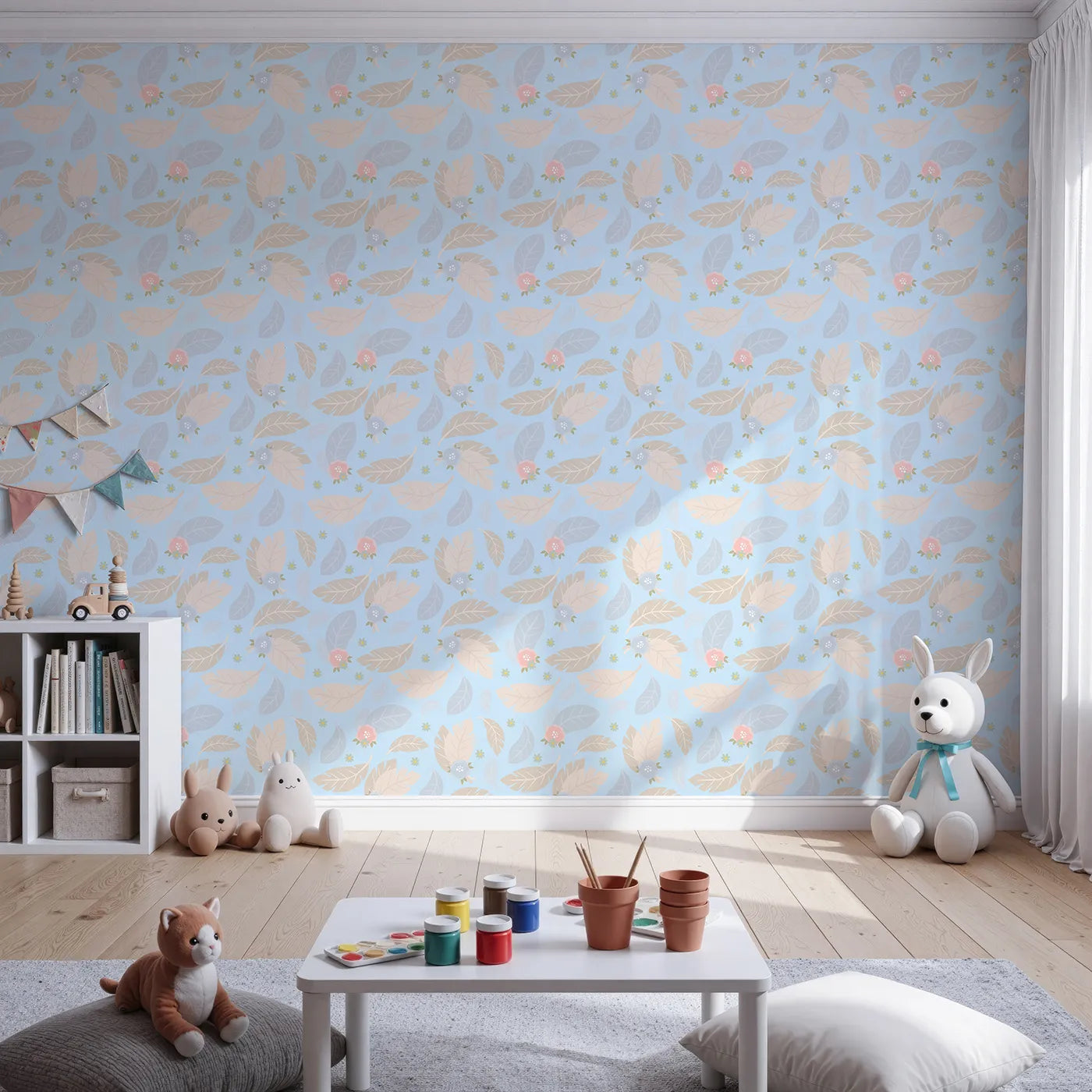 Front view of Whimsy Tots' Whispering Petal Leaves Wallpaper in Sky Blue