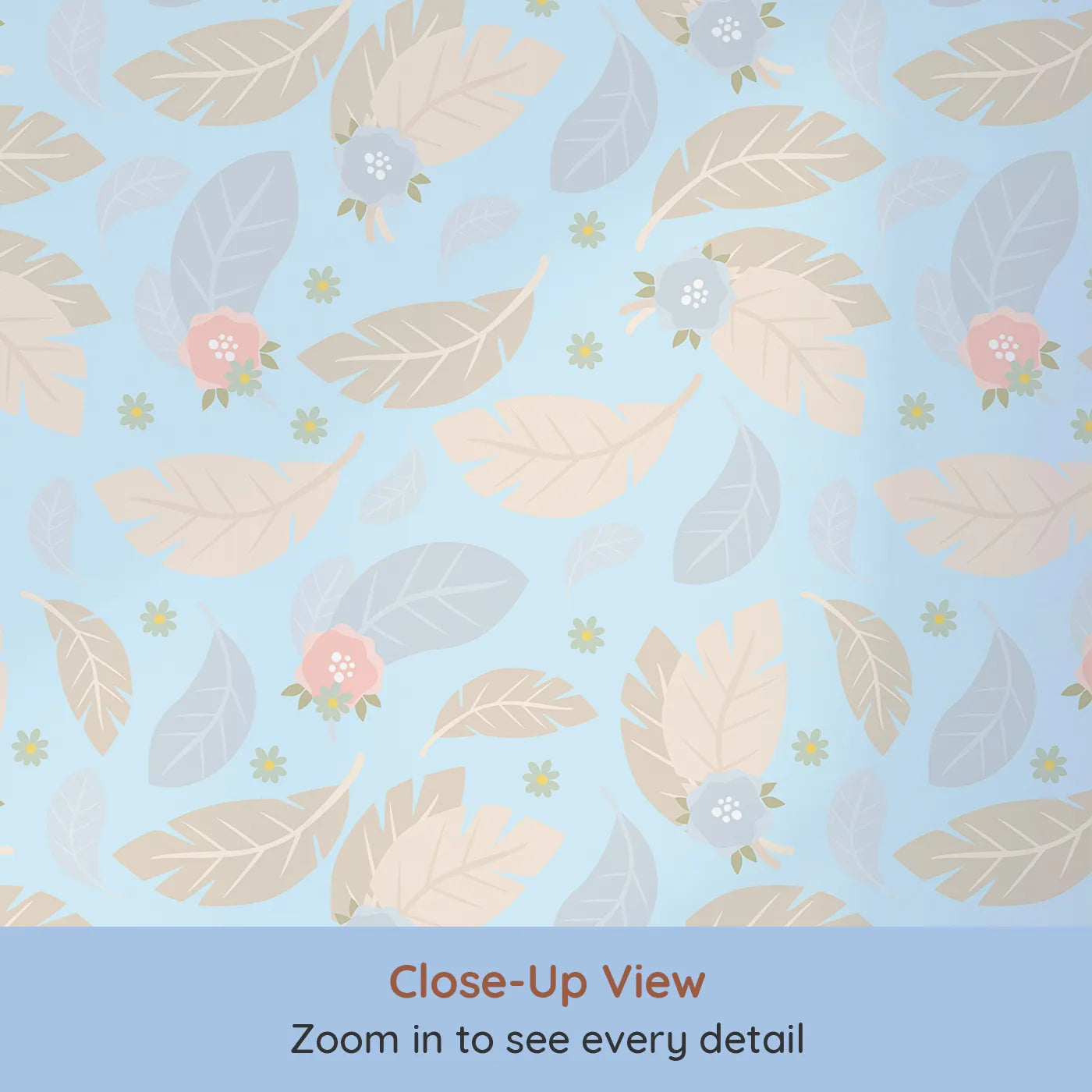 Close-up view of Whimsy Tots' Whispering Petal Leaves Wallpaper in Sky Blue (W3131D).Floating florals and soft leaves drift on a pale blue breeze.