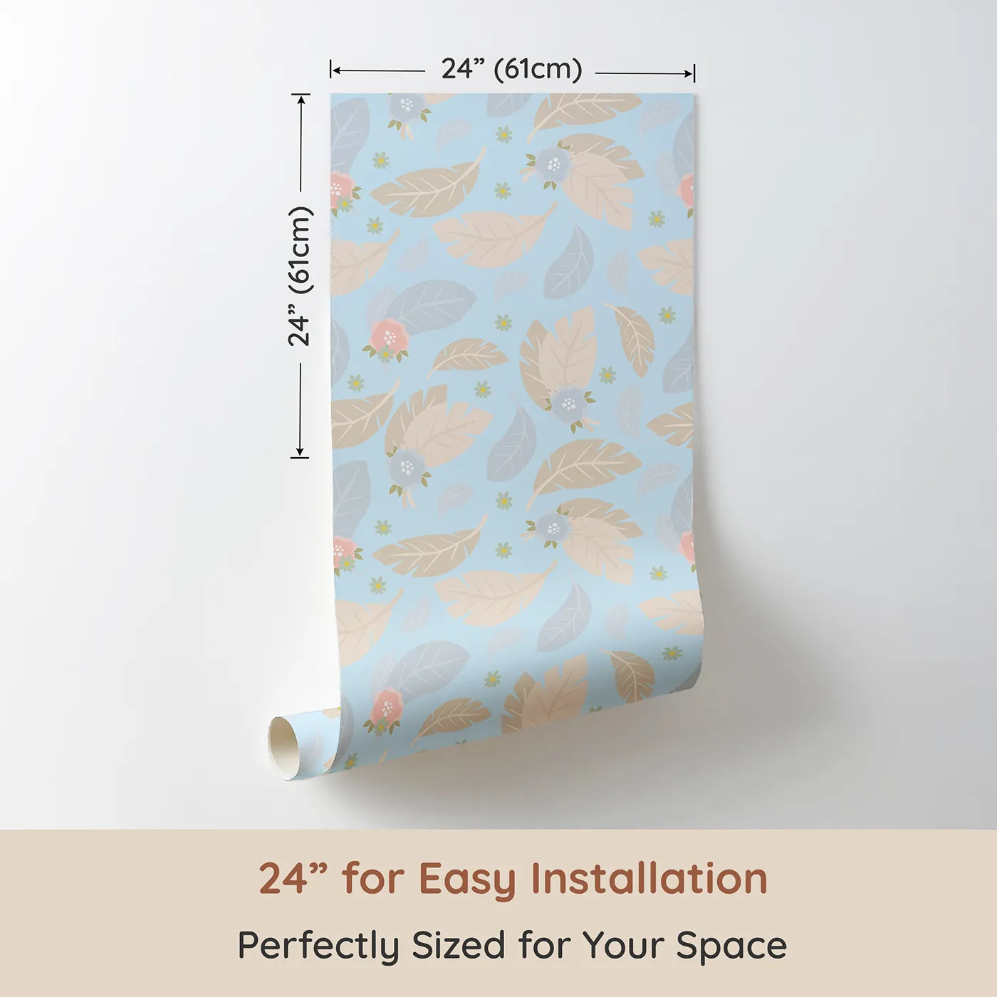 Dimension view of Whimsy Tots Whispering Petal Leaves Wallpaper in Sky Blue (W3131D). Printed in 24-inch-wide panel for easy installation. Floating florals and soft leaves drift on a pale blue breeze.