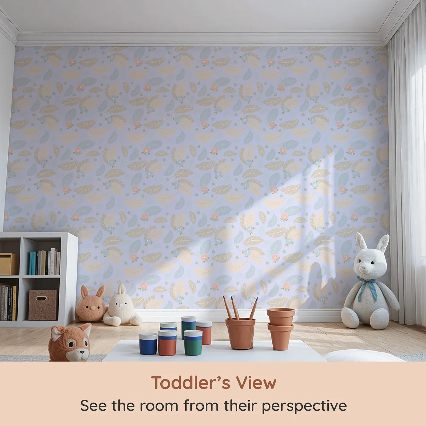 Whimsy Tots Whispering Petal Leaves Wallpaper in Lavender Mist (W3131E) from your child's view.Beige leaves and pastel petals drift through a peaceful lilac sky.