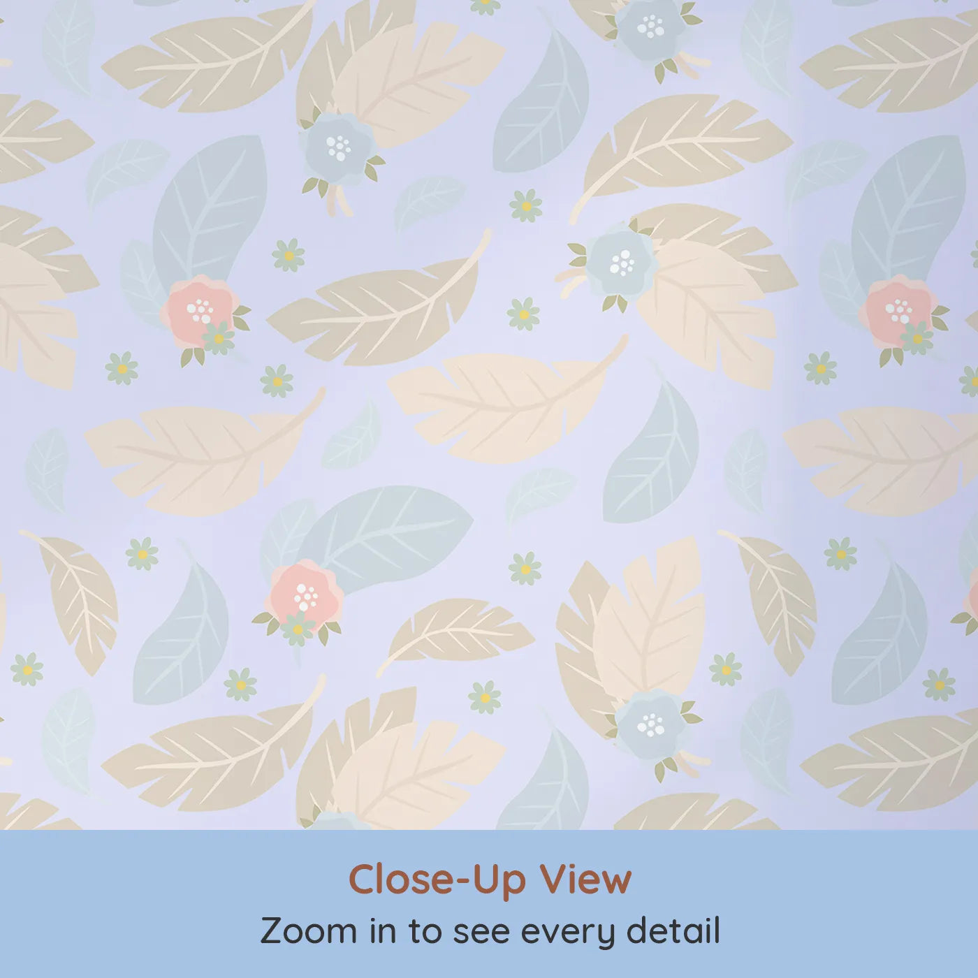 Close-up view of Whimsy Tots' Whispering Petal Leaves Wallpaper in Lavender Mist (W3131E).Beige leaves and pastel petals drift through a peaceful lilac sky.