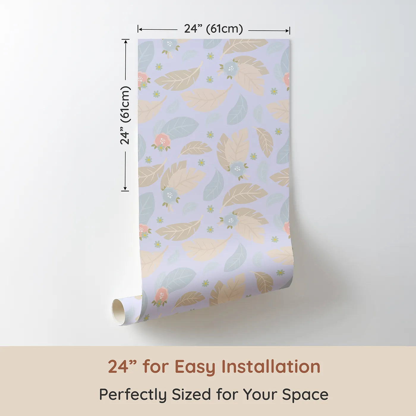 Dimension view of Whimsy Tots Whispering Petal Leaves Wallpaper in Lavender Mist (W3131E). Printed in 24-inch-wide panel for easy installation. Beige leaves and pastel petals drift through a peaceful lilac sky.