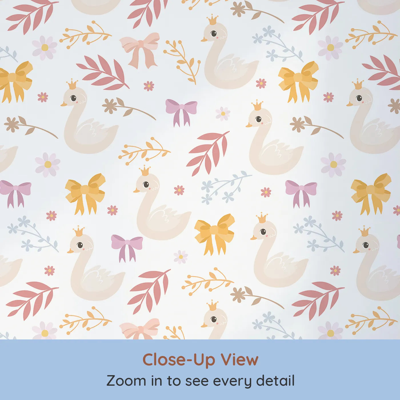 Close-up view of Whimsy Tots' Crowned Swan Bloom Wallpaper in White (W3132A).Elegant swans and pastel bows bring story-book grace.
