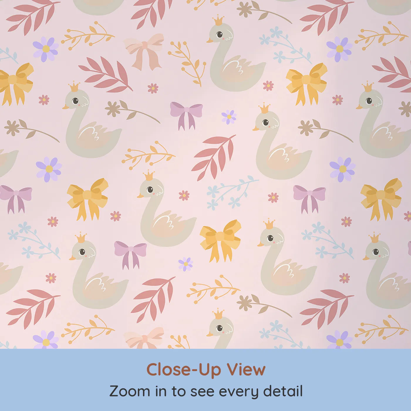 Close-up view of Whimsy Tots' Crowned Swan Bloom Wallpaper in Blush Pink (W3132B).Elegant swans and pastel bows bring story-book grace.