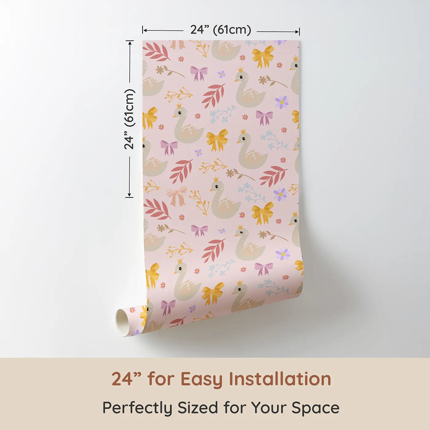 Dimension view of Whimsy Tots Crowned Swan Bloom Wallpaper in Blush Pink (W3132B). Printed in 24-inch-wide panel for easy installation. Elegant swans and pastel bows bring story-book grace.