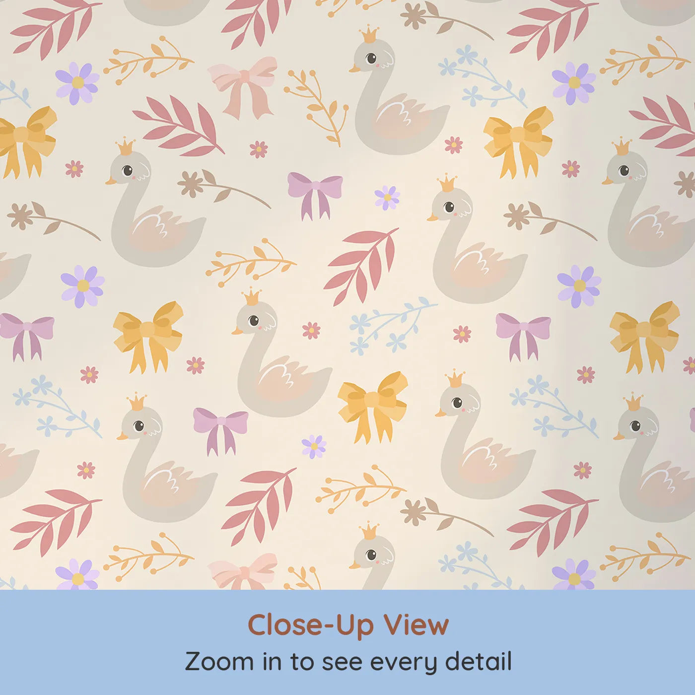 Close-up view of Whimsy Tots' Crowned Swan Bloom Wallpaper in Beige (W3132C).Elegant swans and pastel bows bring story-book grace.