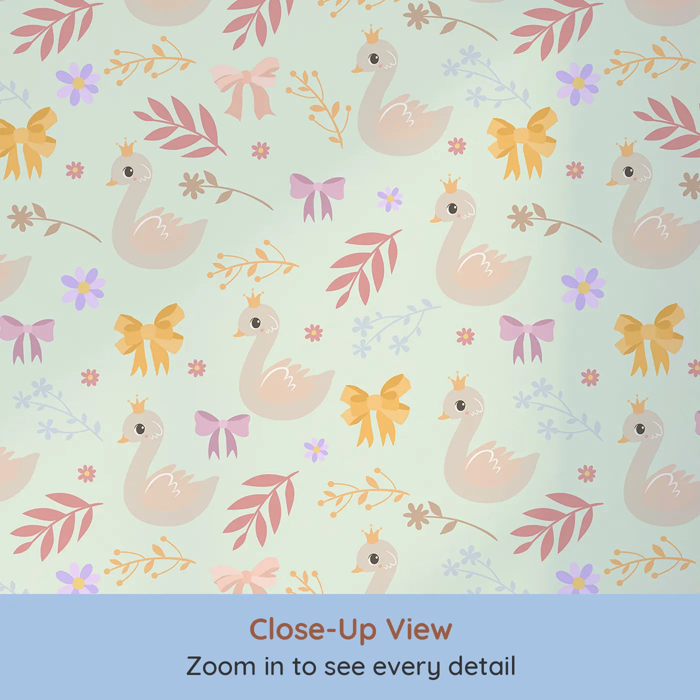 Close-up view of Whimsy Tots' Crowned Swan Bloom Wallpaper in Mint Green (W3132D).Elegant swans and pastel bows bring story-book grace.