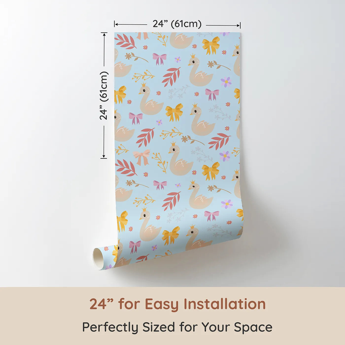 Dimension view of Whimsy Tots Crowned Swan Bloom Wallpaper in Sky Blue (W3132E). Printed in 24-inch-wide panel for easy installation. Elegant swans and pastel bows bring story-book grace.