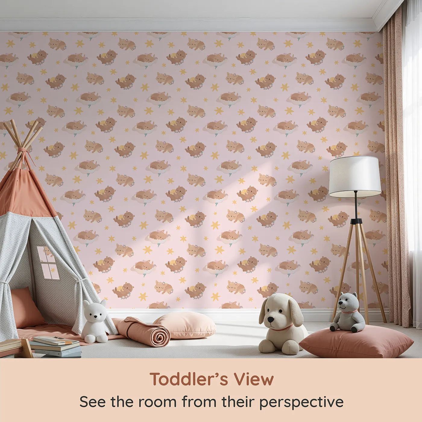 Whimsy Tots Woodland Nap Parade Wallpaper in Soft Mint Green (W3133B) from your child's view.Dreamy animals and soft stars drift through a calming green space.