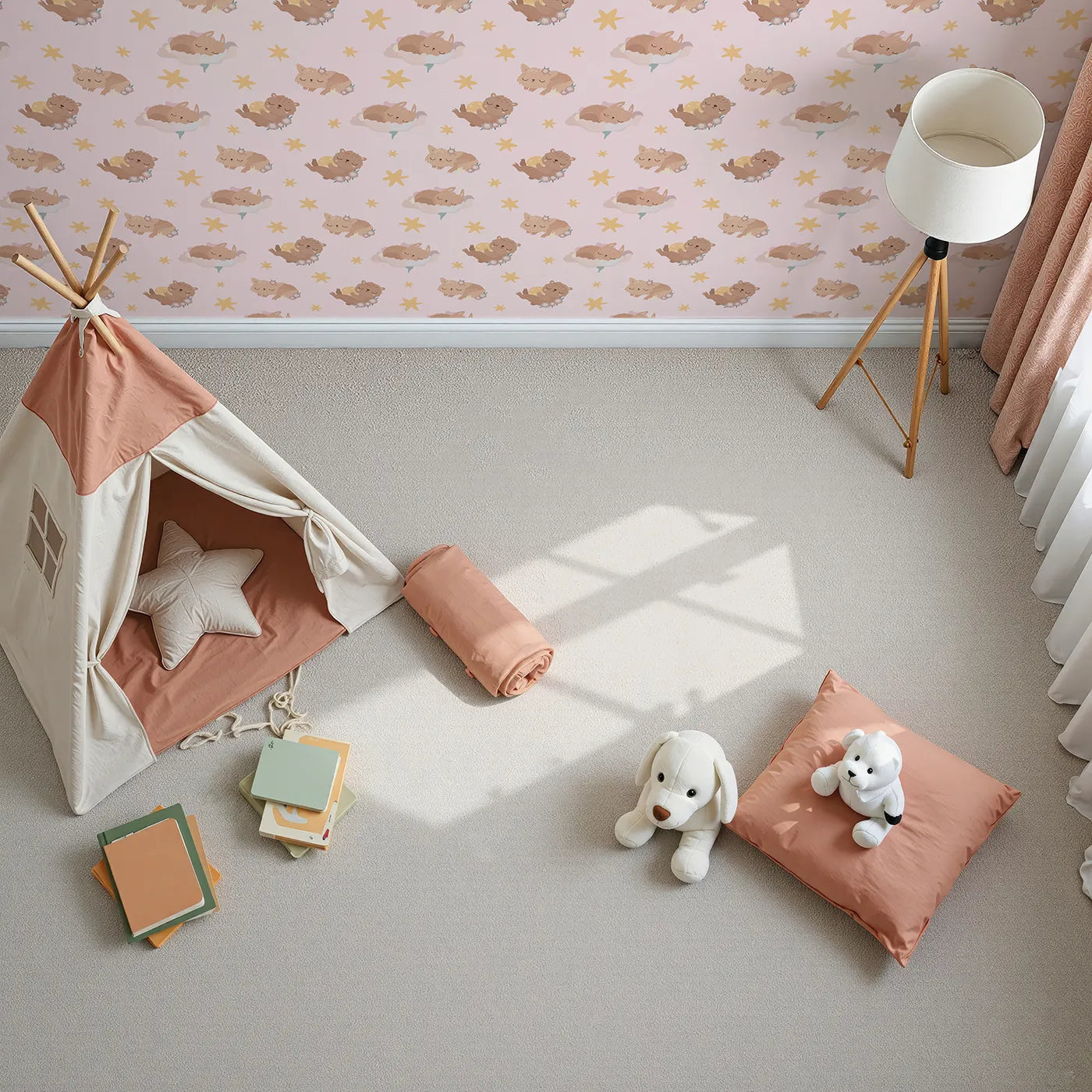 Top-Down view of Whimsy Tots' Woodland Nap Parade Wallpaper in Soft Mint Green (W3133B).Dreamy animals and soft stars drift through a calming green space.