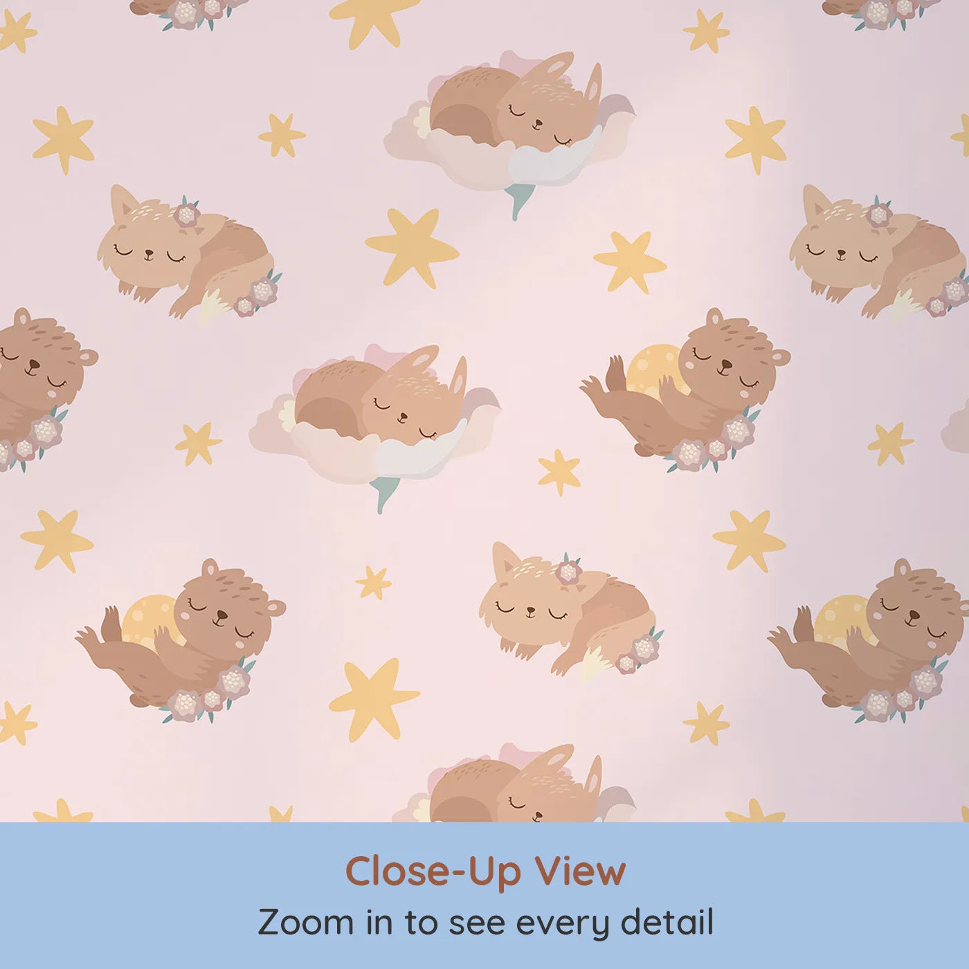 Close-up view of Whimsy Tots' Woodland Nap Parade Wallpaper in Soft Mint Green (W3133B).Dreamy animals and soft stars drift through a calming green space.