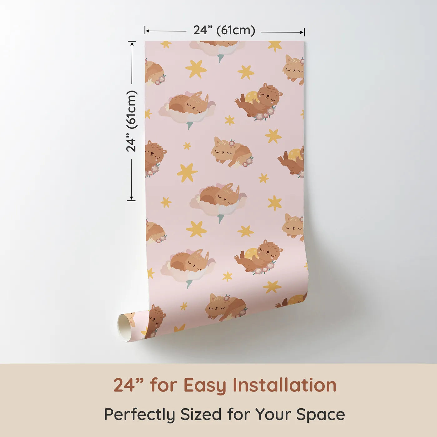 Dimension view of Whimsy Tots Woodland Nap Parade Wallpaper in Soft Mint Green (W3133B). Printed in 24-inch-wide panel for easy installation. Dreamy animals and soft stars drift through a calming green space.