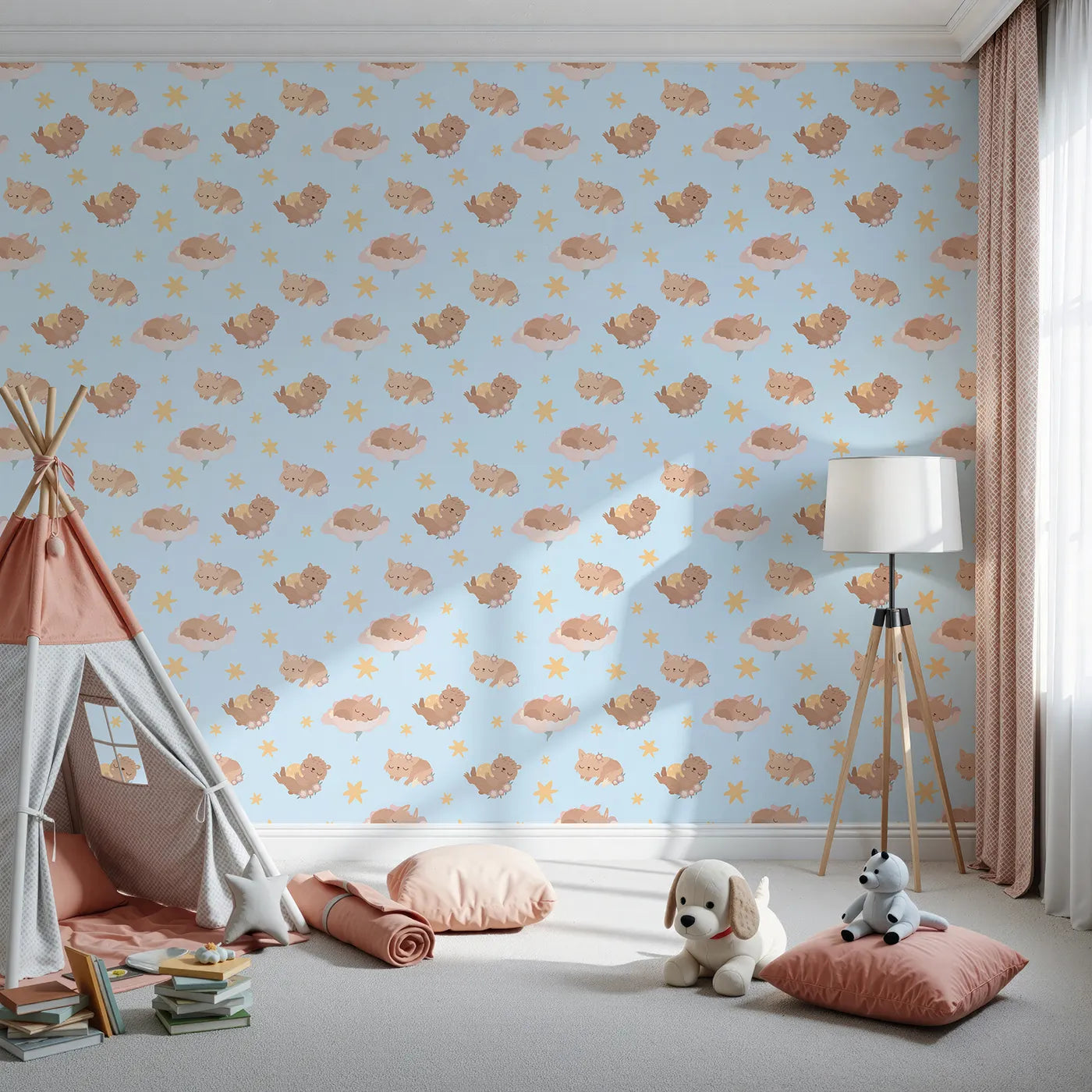Front view of Whimsy Tots' Woodland Nap Parade Wallpaper in Dreamy Blue