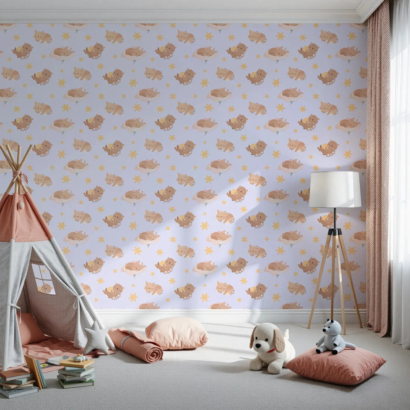 Front view of Whimsy Tots' Woodland Nap Parade Wallpaper in Lavender Mist