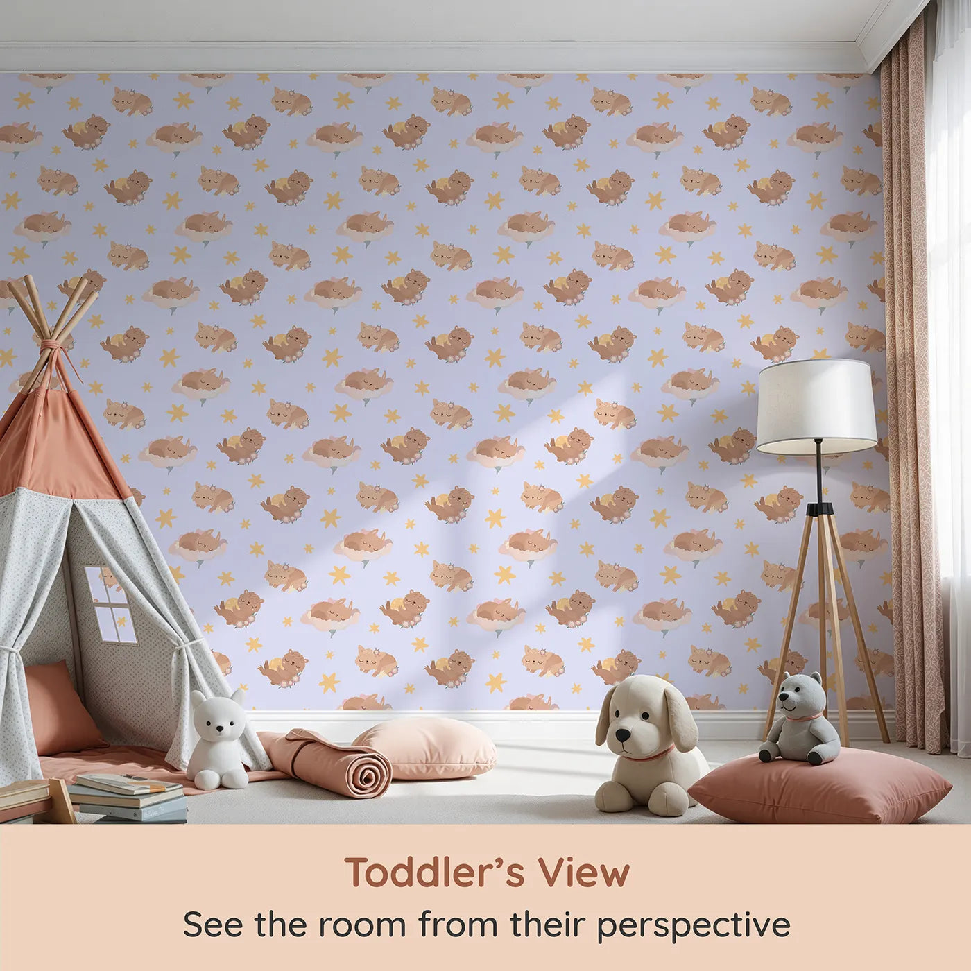 Whimsy Tots Woodland Nap Parade Wallpaper in Lavender Mist (W3133E) from your child's view.Cuddly creatures and soft stars snooze across a purple lullaby.