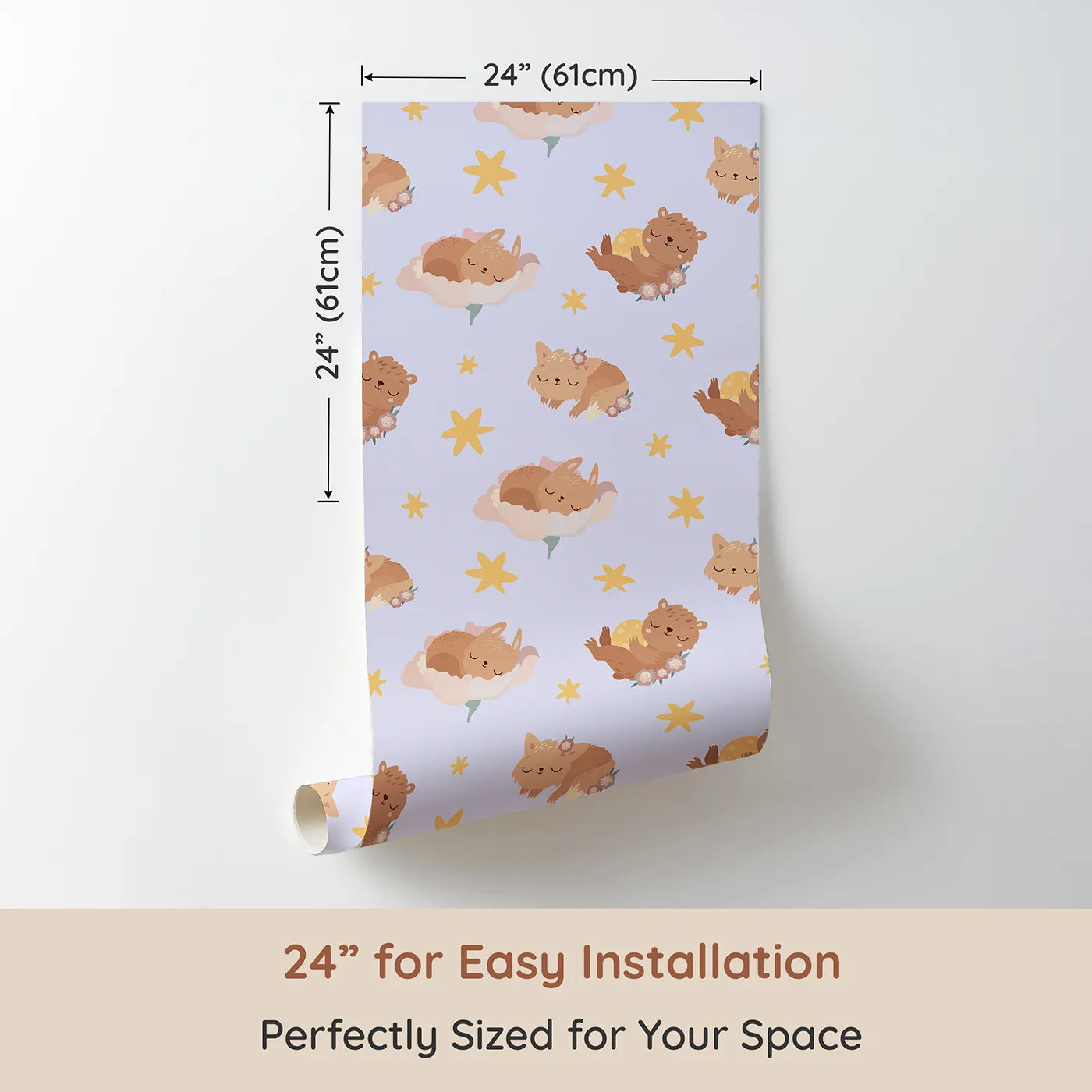 Dimension view of Whimsy Tots Woodland Nap Parade Wallpaper in Lavender Mist (W3133E). Printed in 24-inch-wide panel for easy installation. Cuddly creatures and soft stars snooze across a purple lullaby.