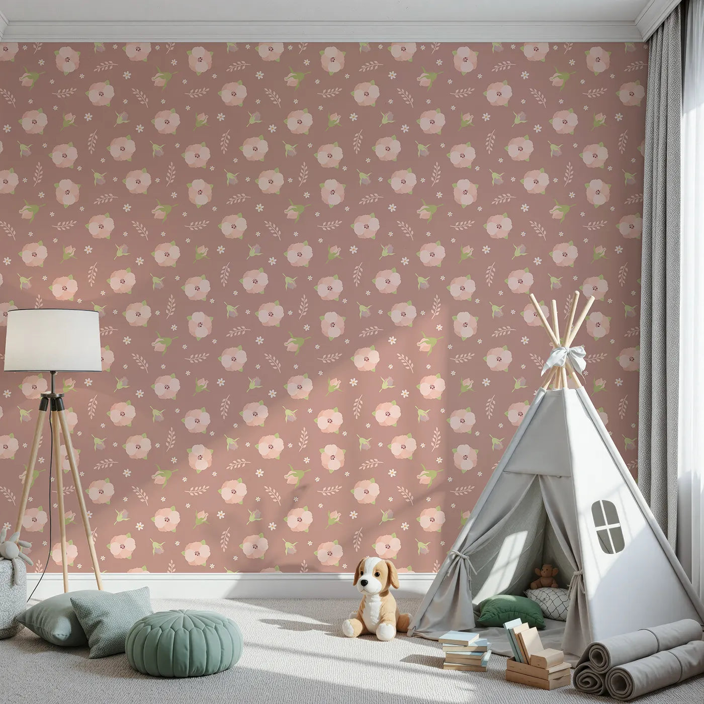Front view of Whimsy Tots' Blush Meadow Bloom Wallpaper in Clay Rose Brown