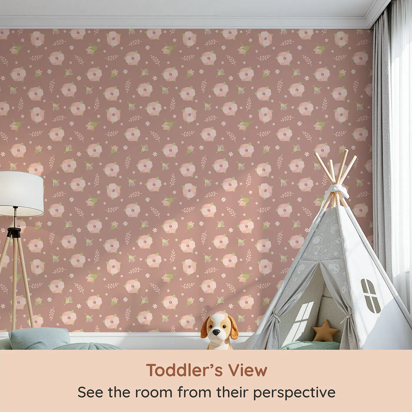 Whimsy Tots Blush Meadow Bloom Wallpaper in Clay Rose Brown (W3134A) from your child's view.Warm blush flowers bloom gently across a rosy clay canvas.