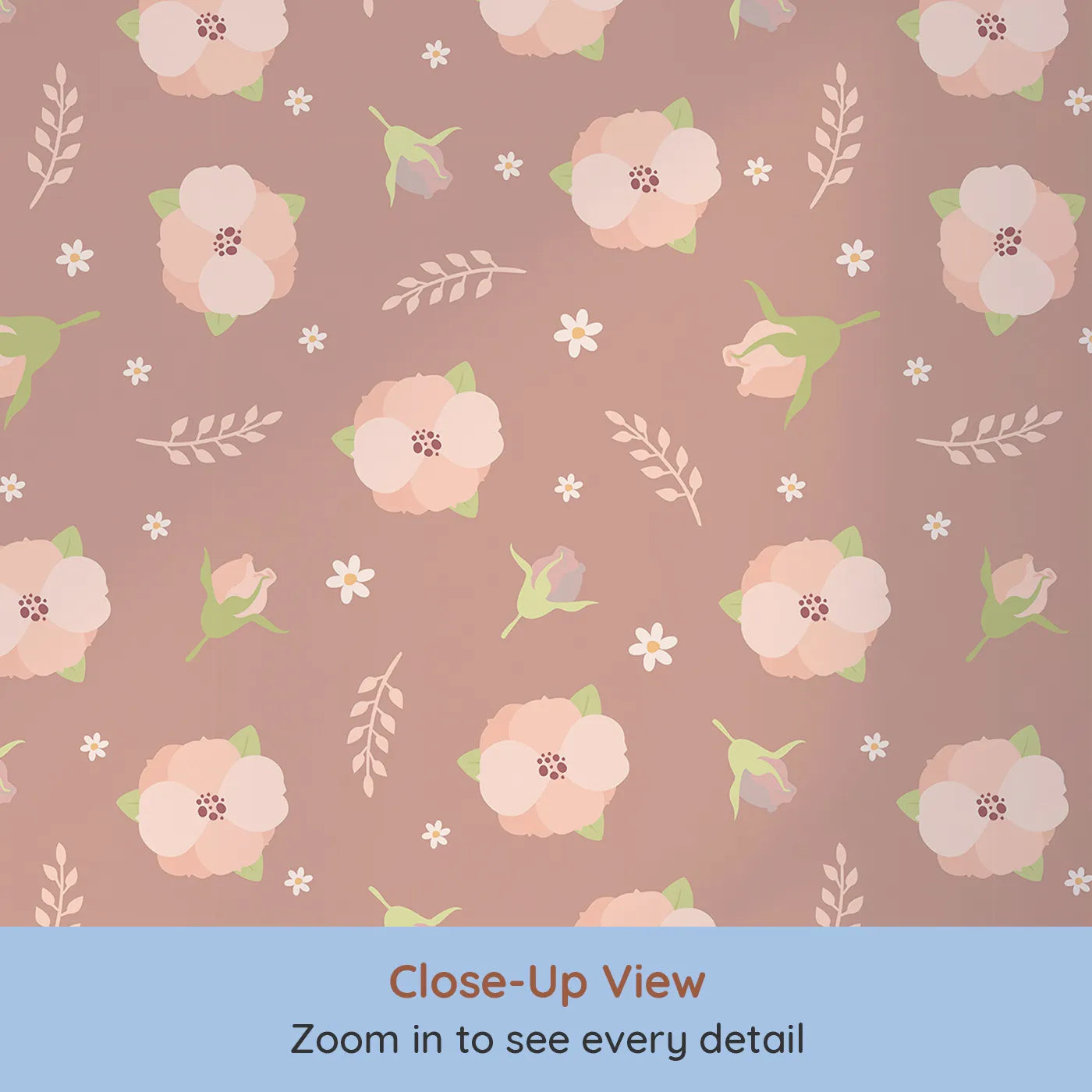 Close-up view of Whimsy Tots' Blush Meadow Bloom Wallpaper in Clay Rose Brown (W3134A).Warm blush flowers bloom gently across a rosy clay canvas.