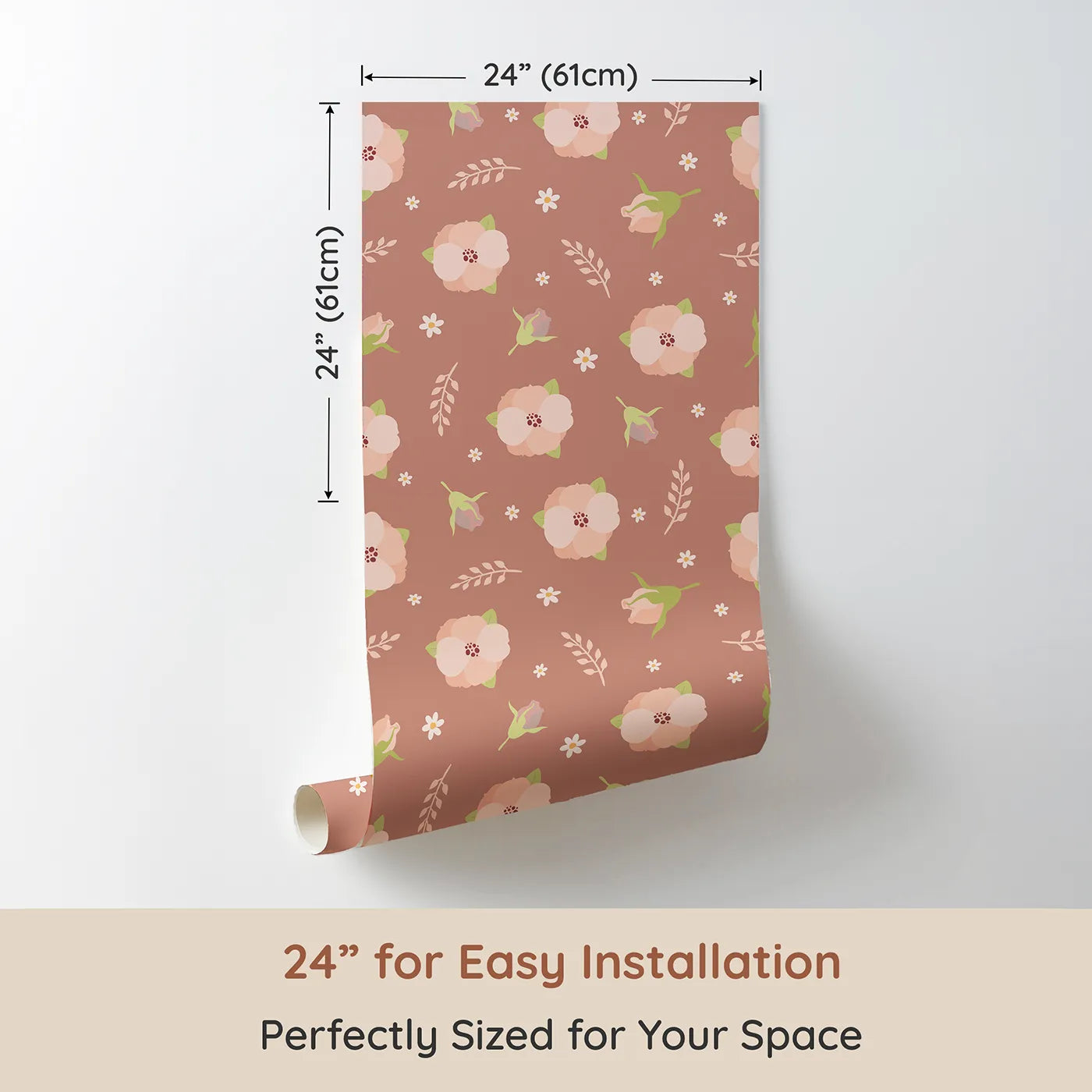 Dimension view of Whimsy Tots Blush Meadow Bloom Wallpaper in Clay Rose Brown (W3134A). Printed in 24-inch-wide panel for easy installation. Warm blush flowers bloom gently across a rosy clay canvas.