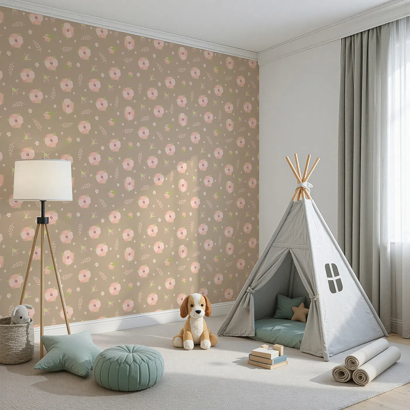 Angled view of Whimsy Tots' Blush Meadow Bloom Wallpaper in Soft Taupe Beige (W3134B).Blush flowers and soft taupe earth create a serene floral retreat.