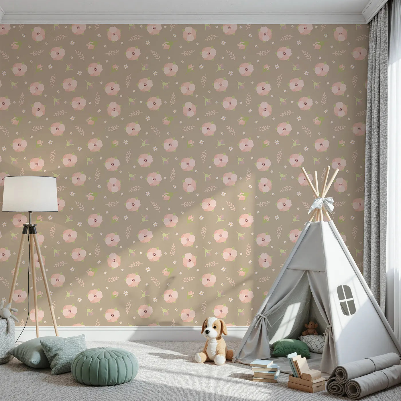 Front view of Whimsy Tots' Blush Meadow Bloom Wallpaper in Soft Taupe Beige